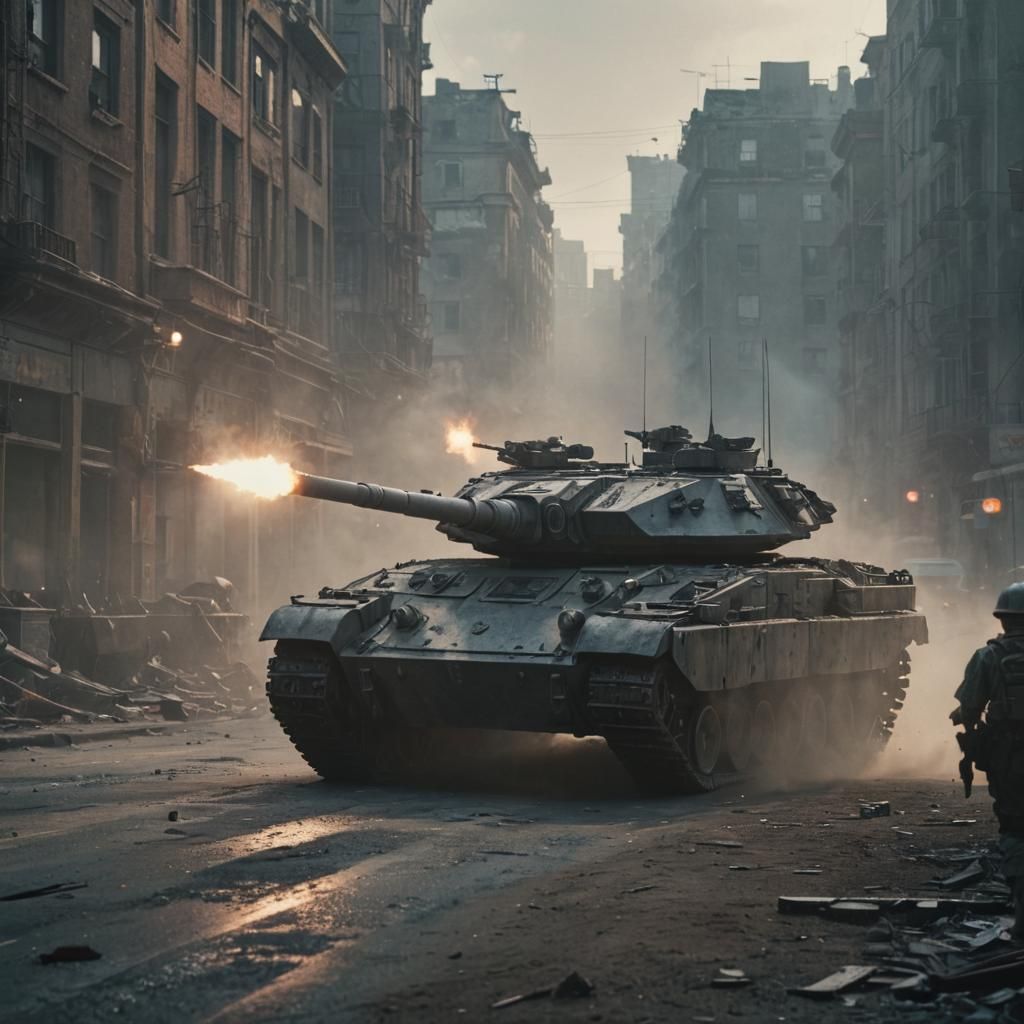 Armored Tank in War-Torn Cityscape: Cinematic Film Still