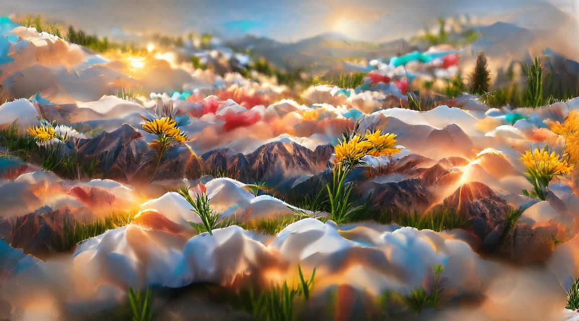 Mountain Sunset Over Wildflower Meadow: Hyperrealistic Photo...