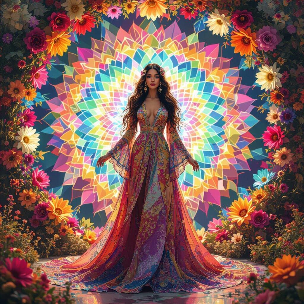 Kaleidoscope Dream: Woman in Rainbow Flower Garden