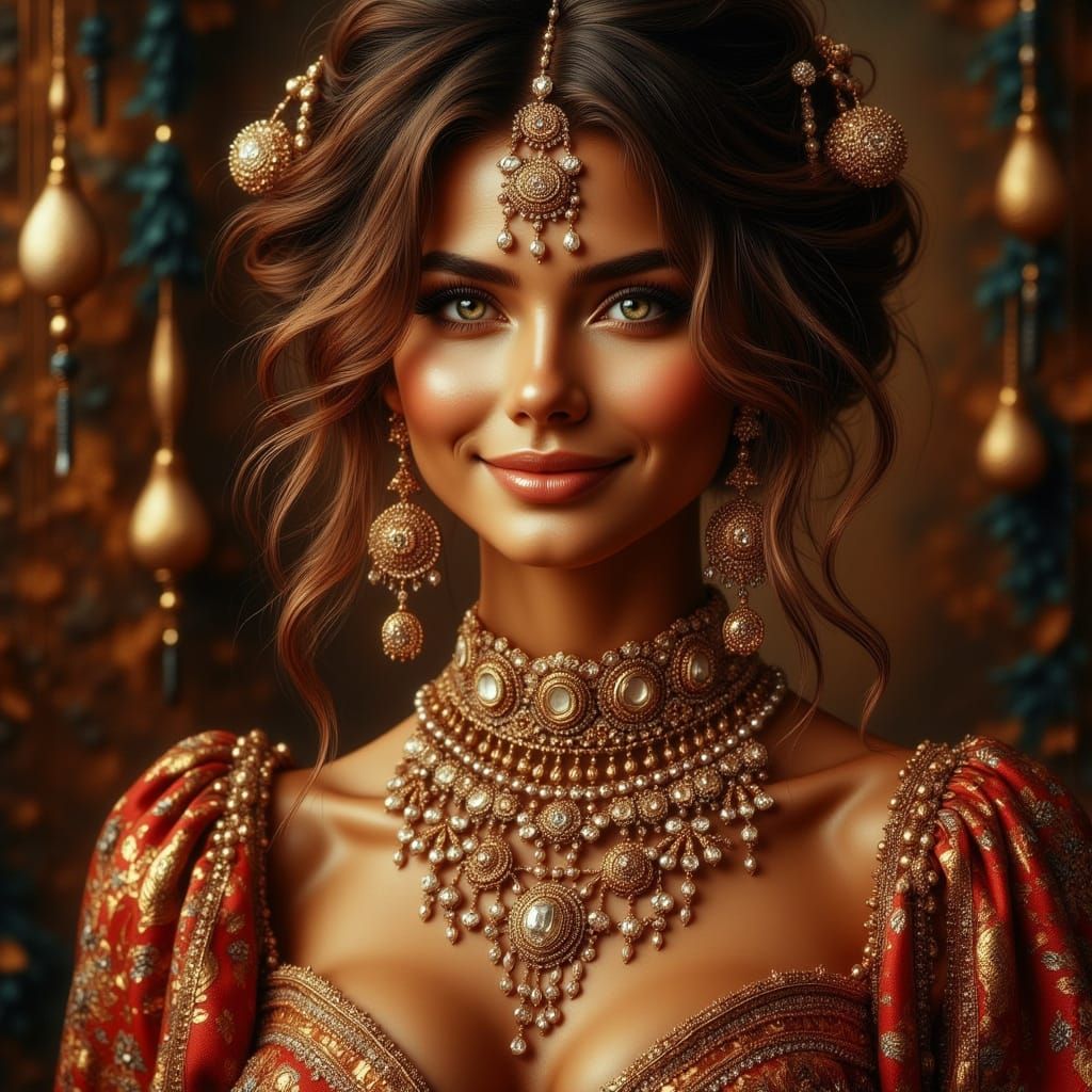 Elegant Woman in Exquisite Jewelry and Dramatic Setting