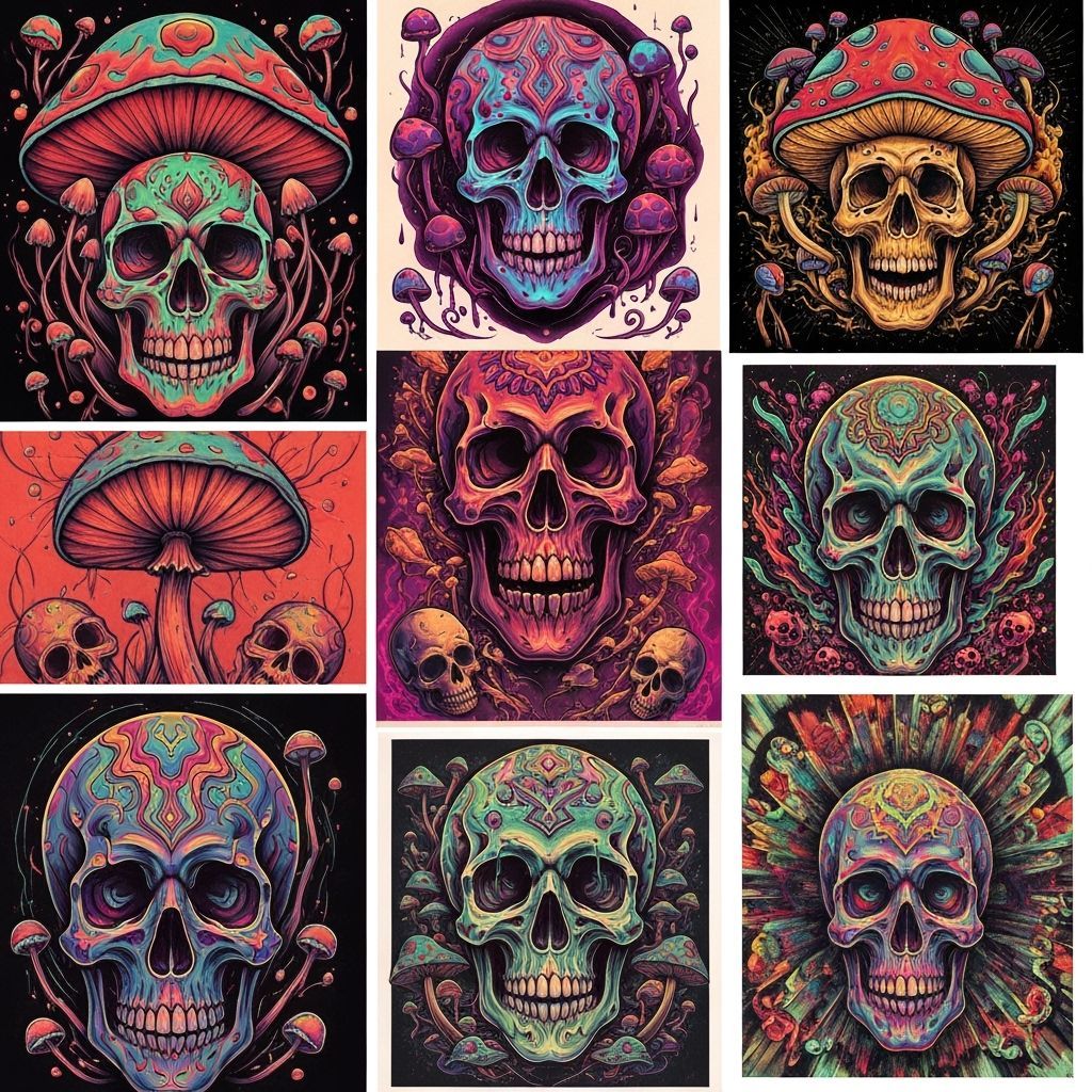 Psychedelic Mushroom Skull Flash Tattoos