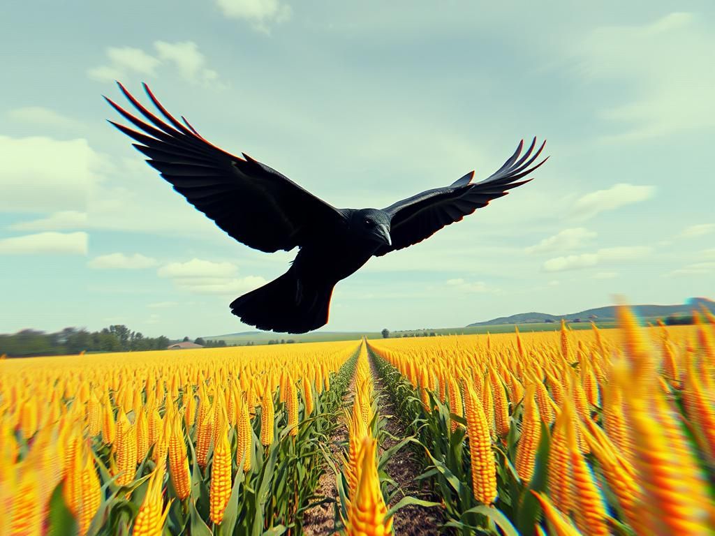 Crow Soaring Over Cornfield in Glitchcore Pixel Art