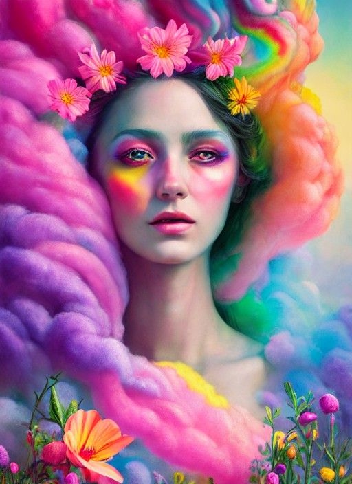 South American Goddess in Spring Flowers, Detailed Matte Pai...