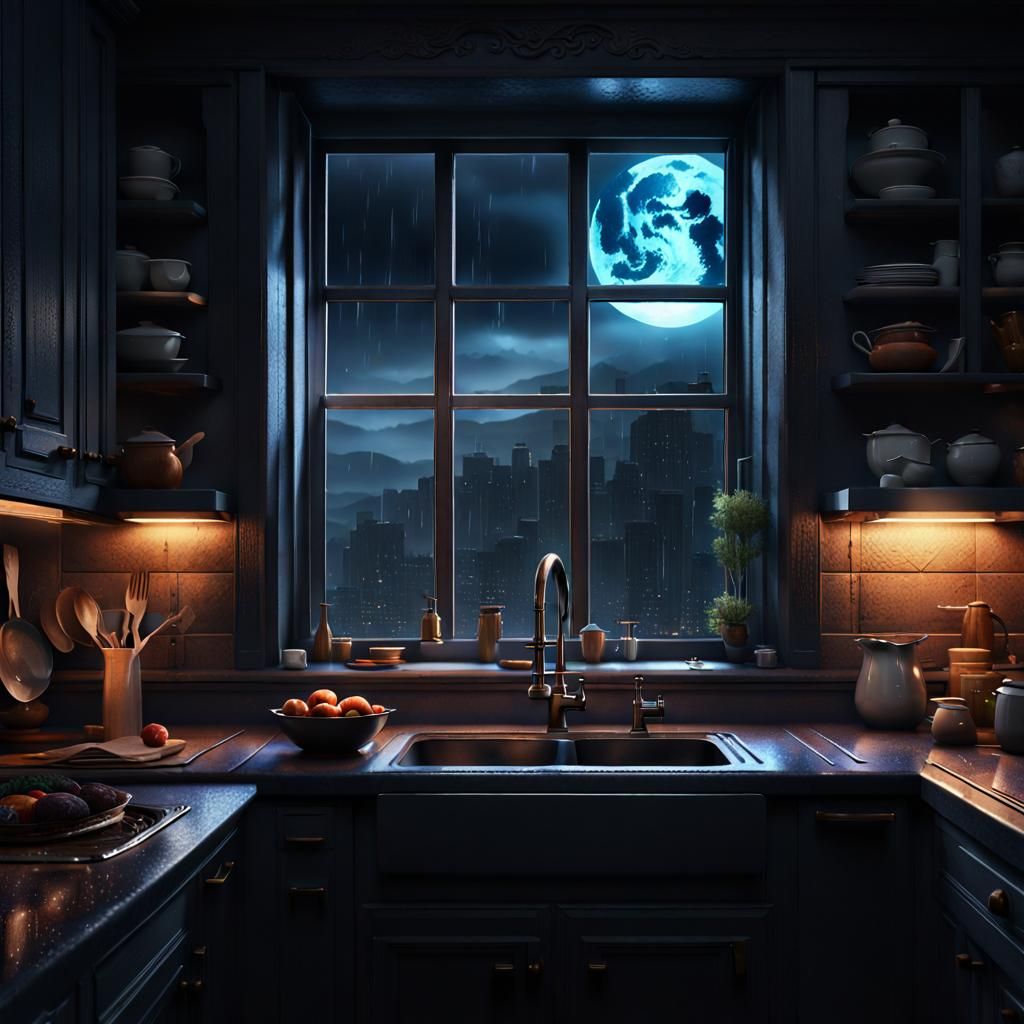 Dark Rainy Night in a Fantastical Kitchen