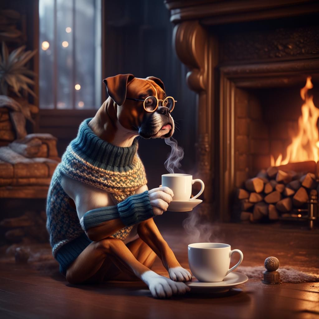 Boxer Dog Sipping Tea by Fireplace in Knitted Sweater