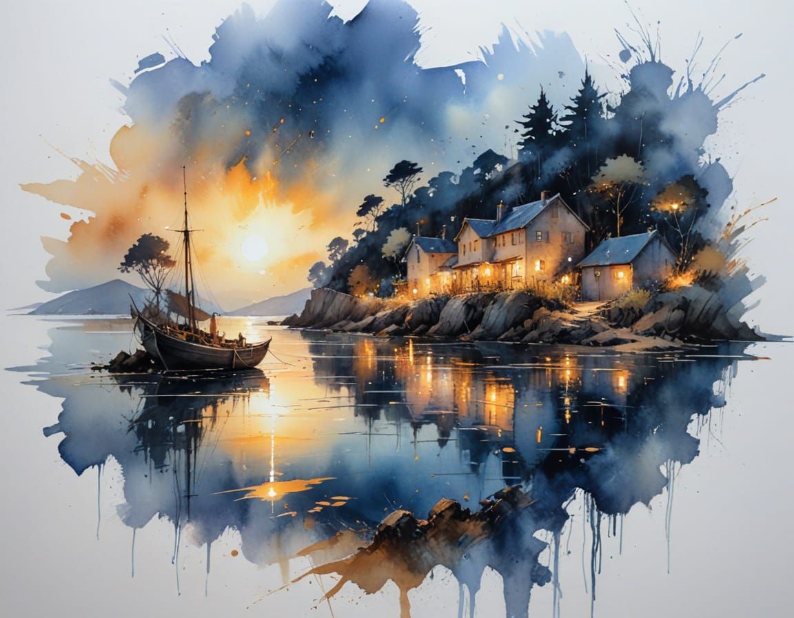 Twilight Cove Village Scene with Water Reflections