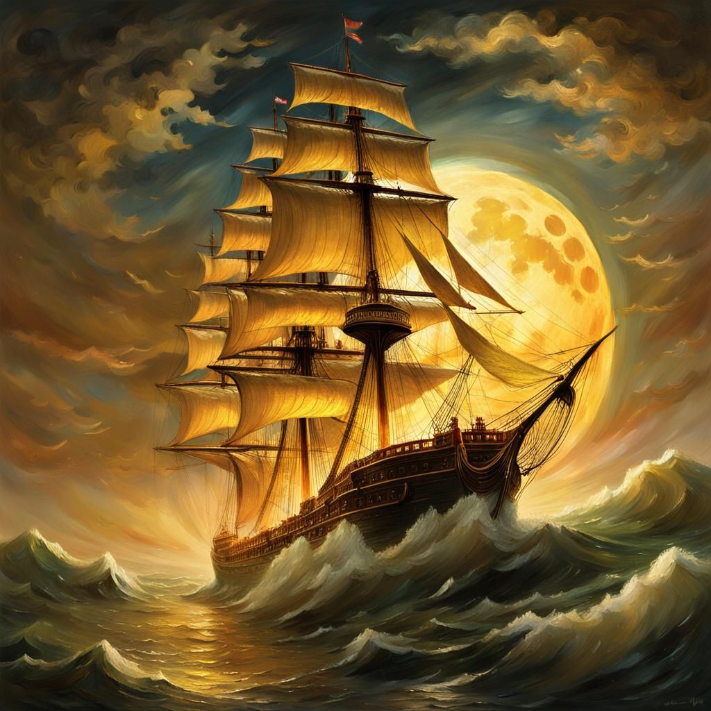 Golden Ship Sails Under Moon in Romantic Style