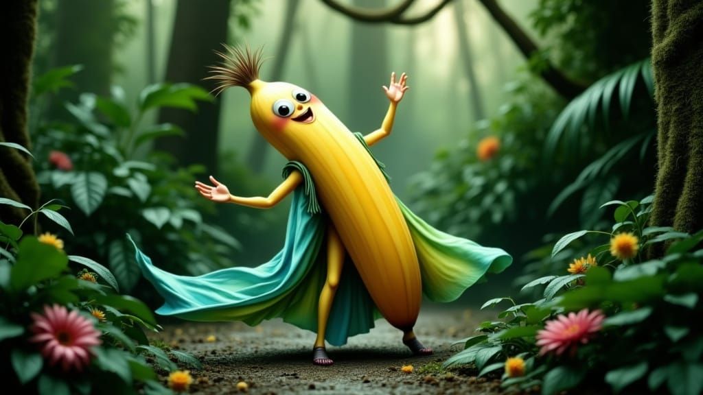 Vibrant Tropical Banana in Iridescent Cloak Dances in a Fant...