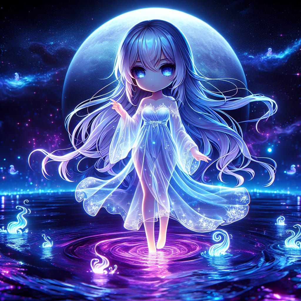 Chibi Spectral Woman Under Sparkling Starlight