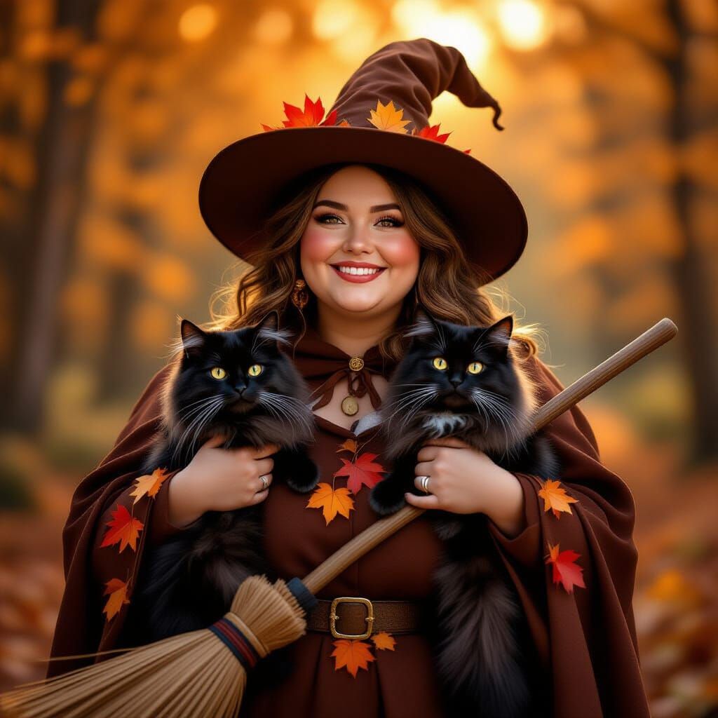 Smiling Witch with Black Cat in Golden Hour Forest