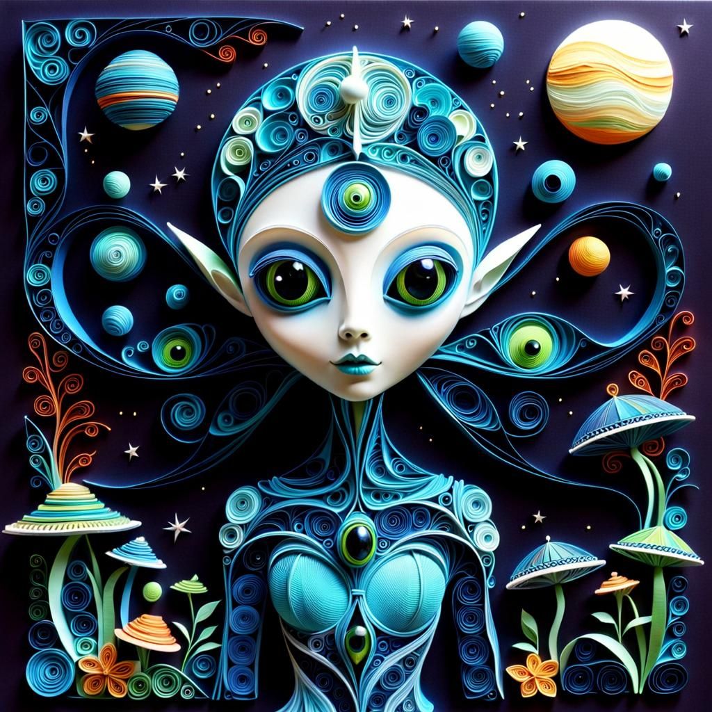 Surreal Quilled Zentangle of an Alien Traveler