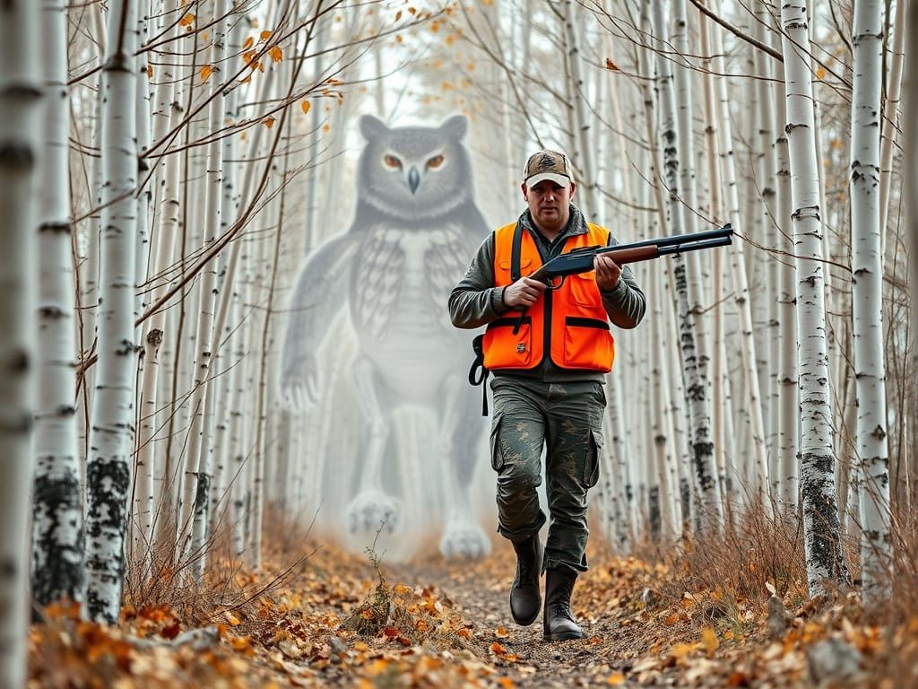 Hunter in Birch Grove Followed by Translucent Creature