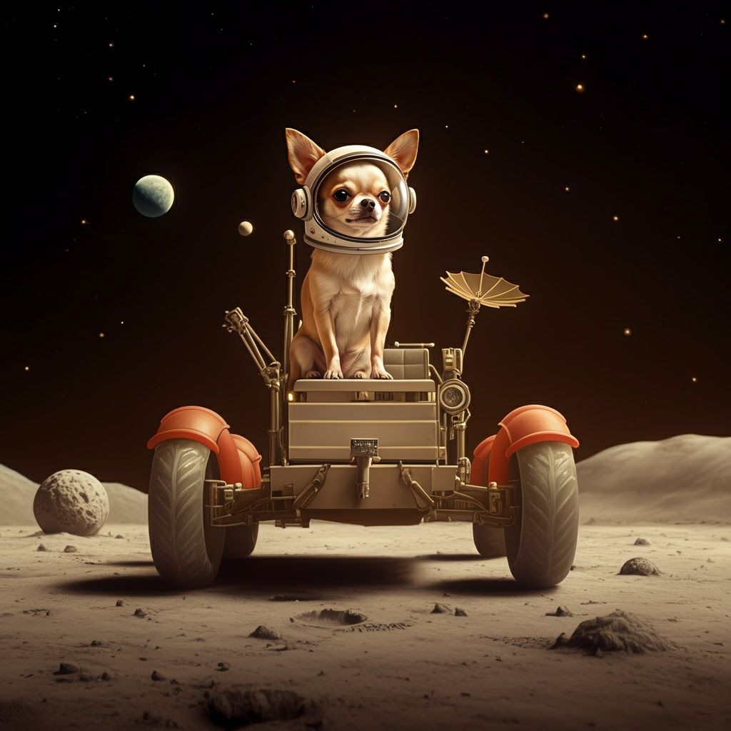 Astronaut Chihuahua on Lunar Rover in Surreal Style