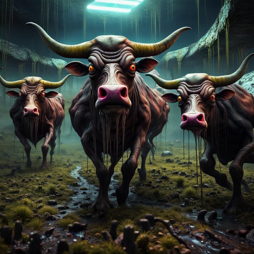 Cows Fleeing Slime Xenomorph in Psychedelic Art