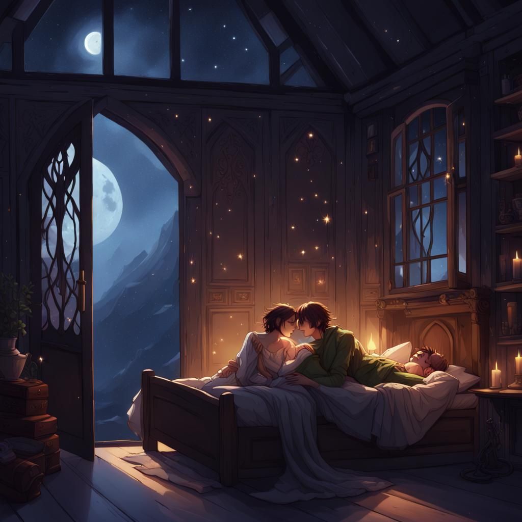 Elven Couple Embrace in Magical Moonlight