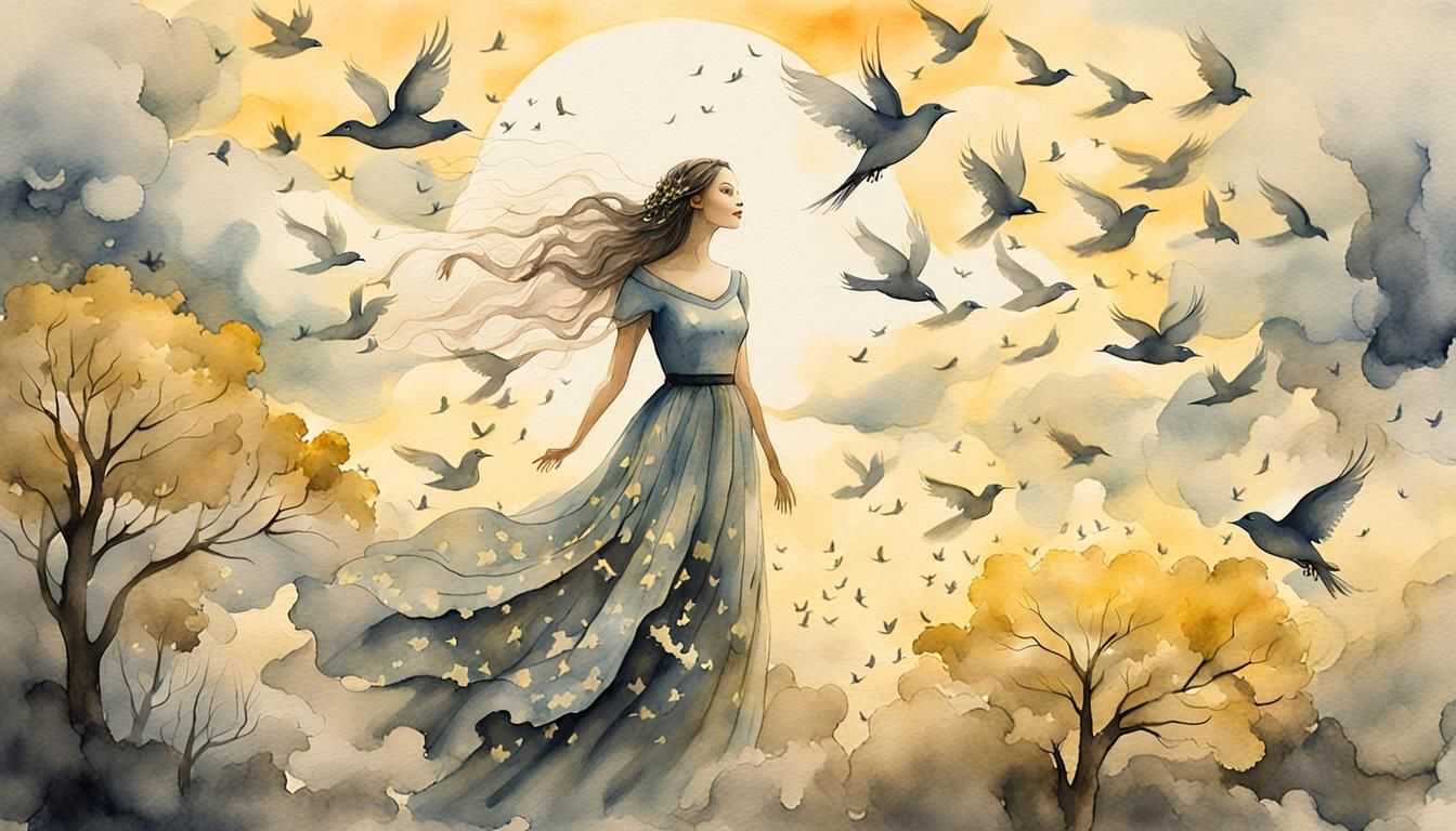 Whimsical Watercolor Woman Surrounded by Birds