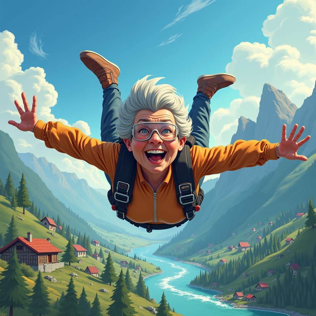 Grandma Skydiving Over Serene Valley, Cinematic Still
