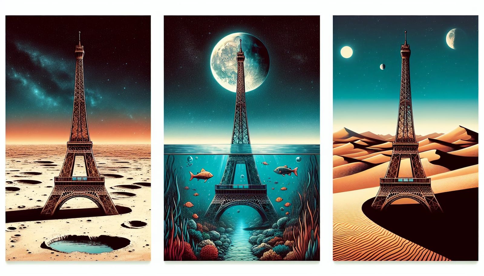 Eiffel Tower in Space, Underwater, and Desert