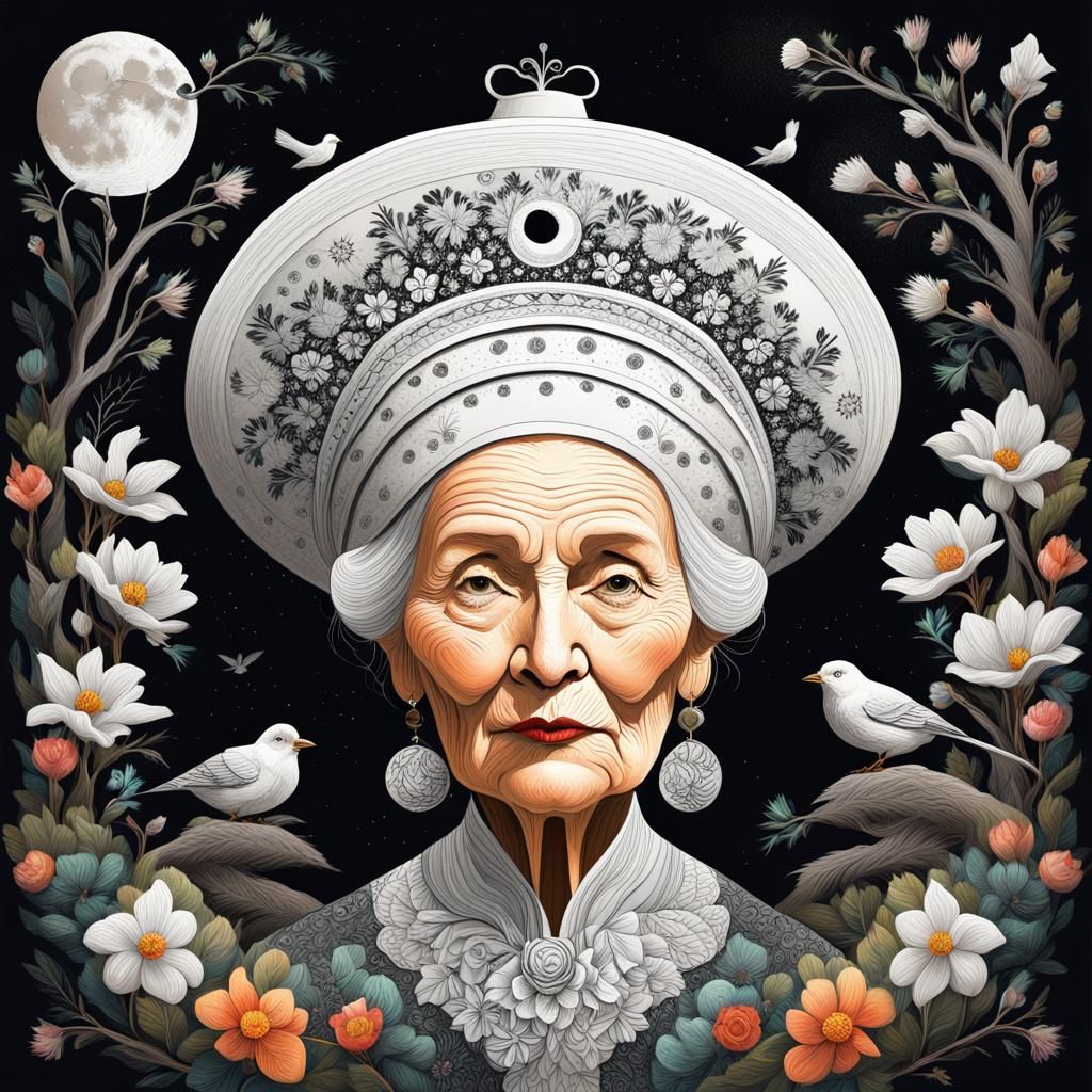 Folk Art Lady with Spring Landscape