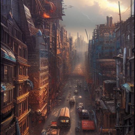 Hyperrealistic Cattlepunk City Digital Matte Painting