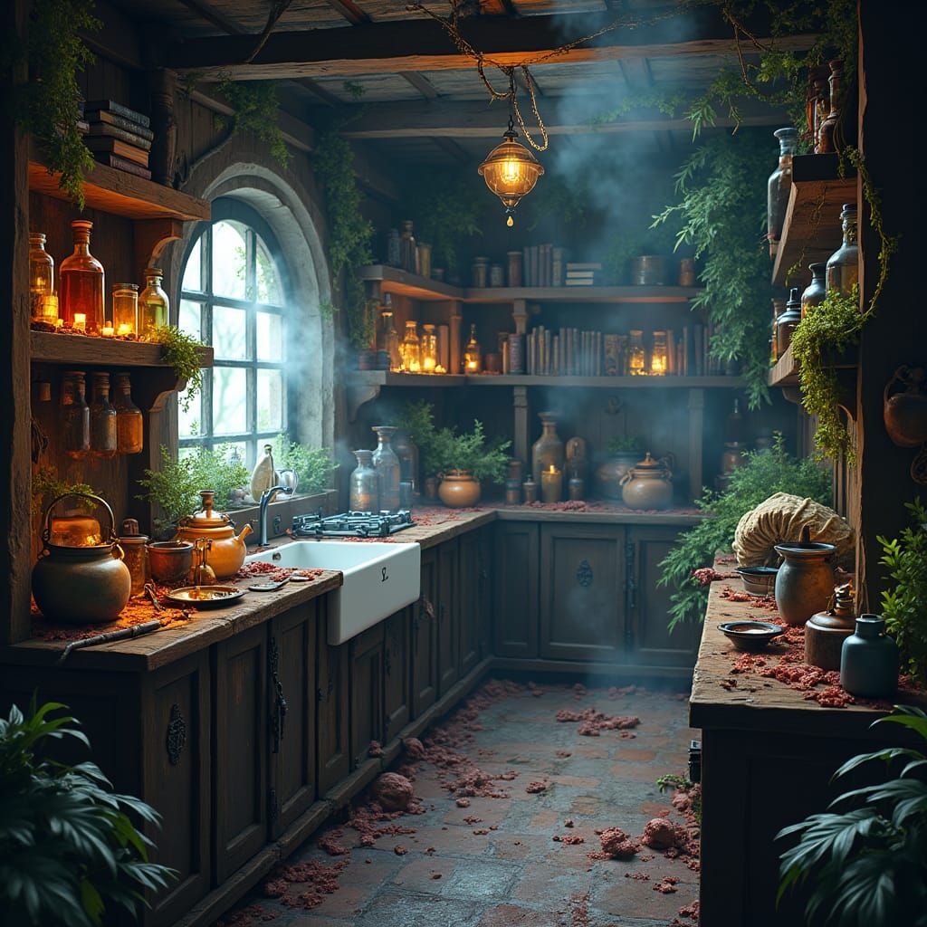 Mystical Witch Kitchen with Glowing Potions