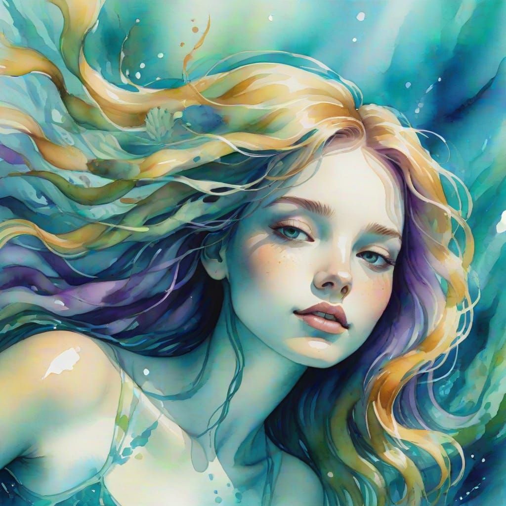 Girl in Whimsical Watercolour Underwater Scene