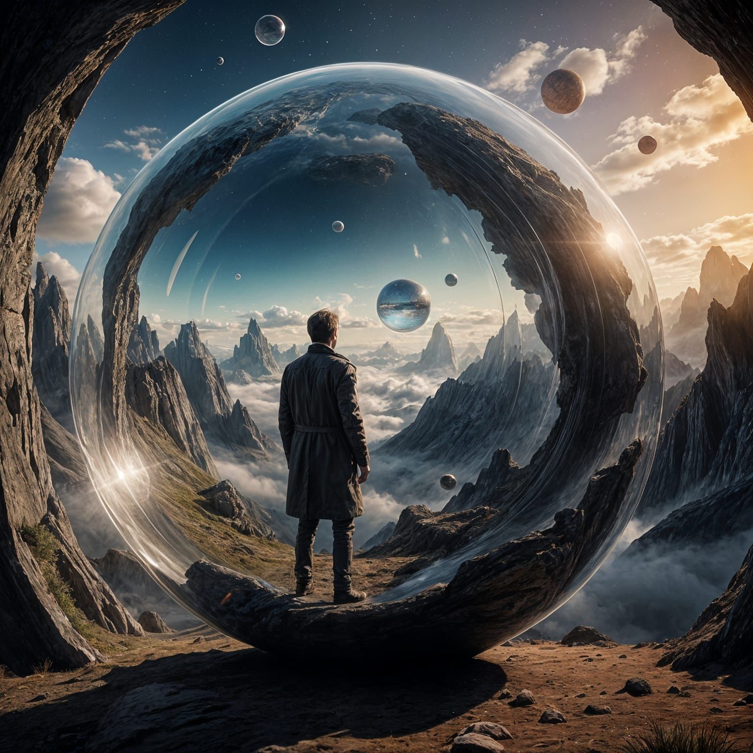 Man Trapped in Glass Bubble on Surreal Planet