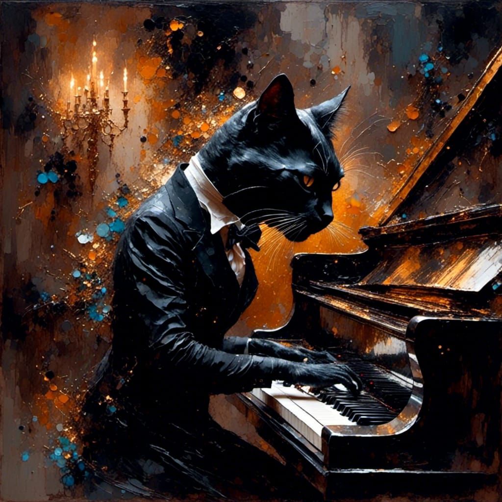 Humanoid Cat Plays Piano in Smoky Jazz Club