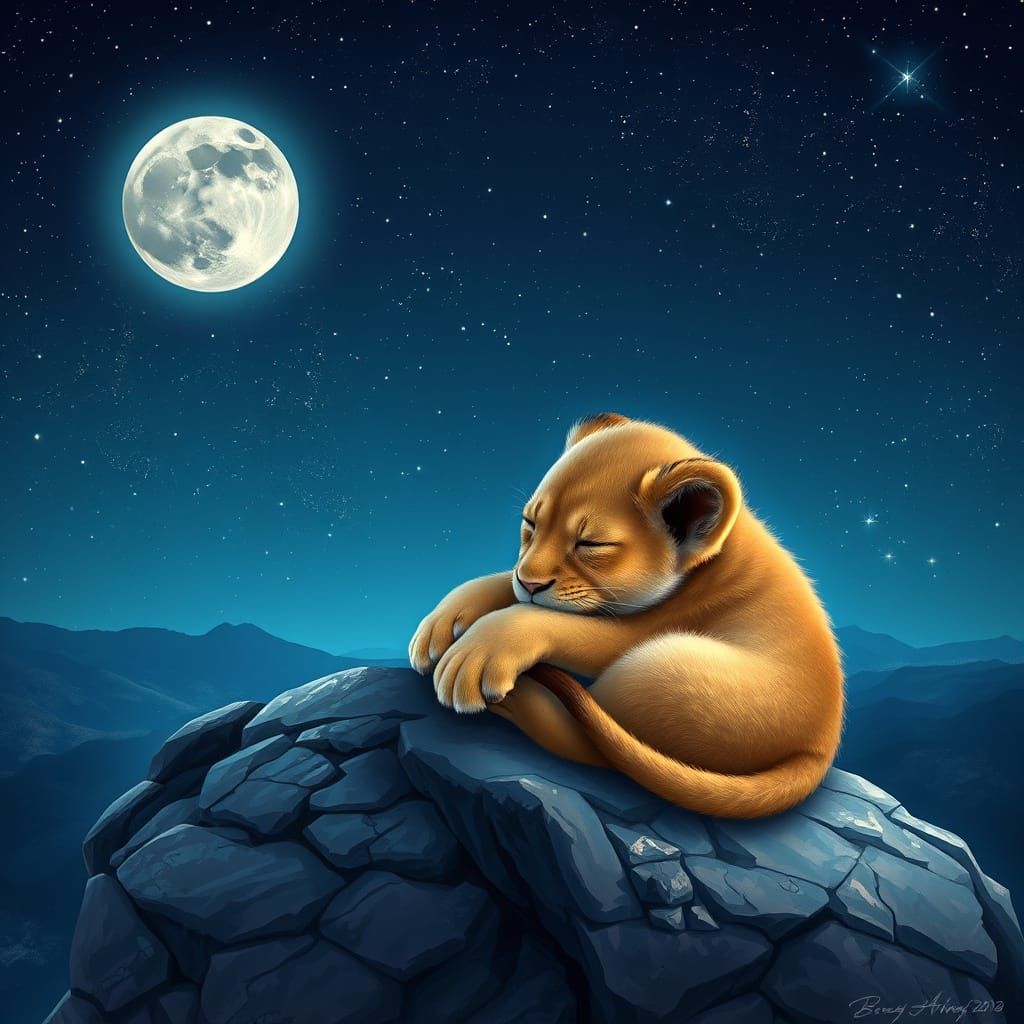 Cozy Baby Lion Under Starry Night Sky