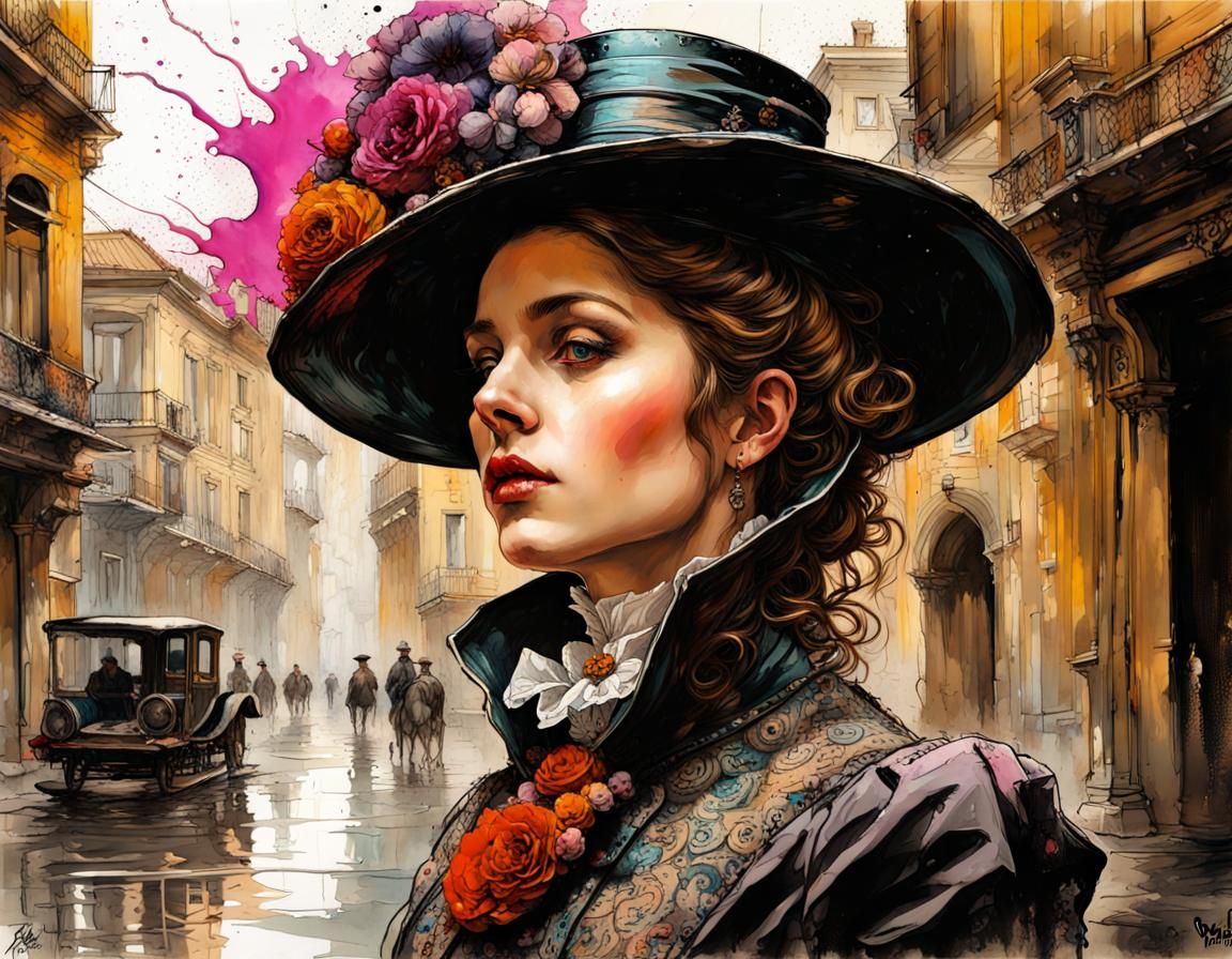 Victorian Lady in Ink Splash Art Style