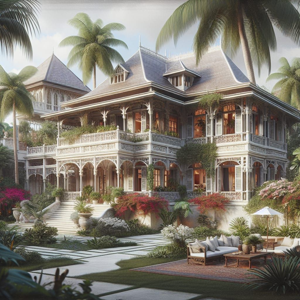 Tropical Mansion Exterior with Colonial and Asian Influences
