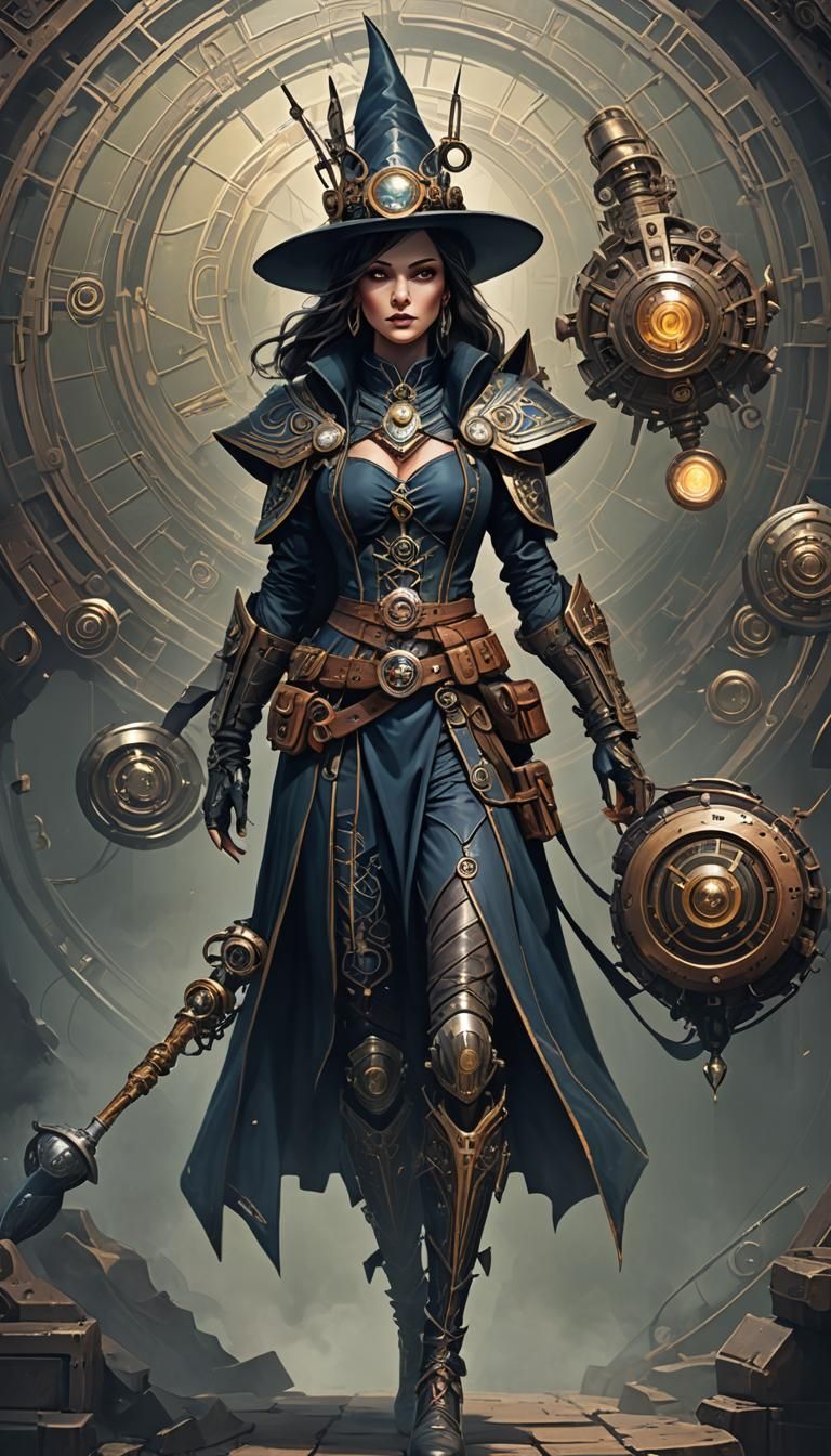Dieselpunk Sorceress with Cybernetic Limbs in Digital Painti...