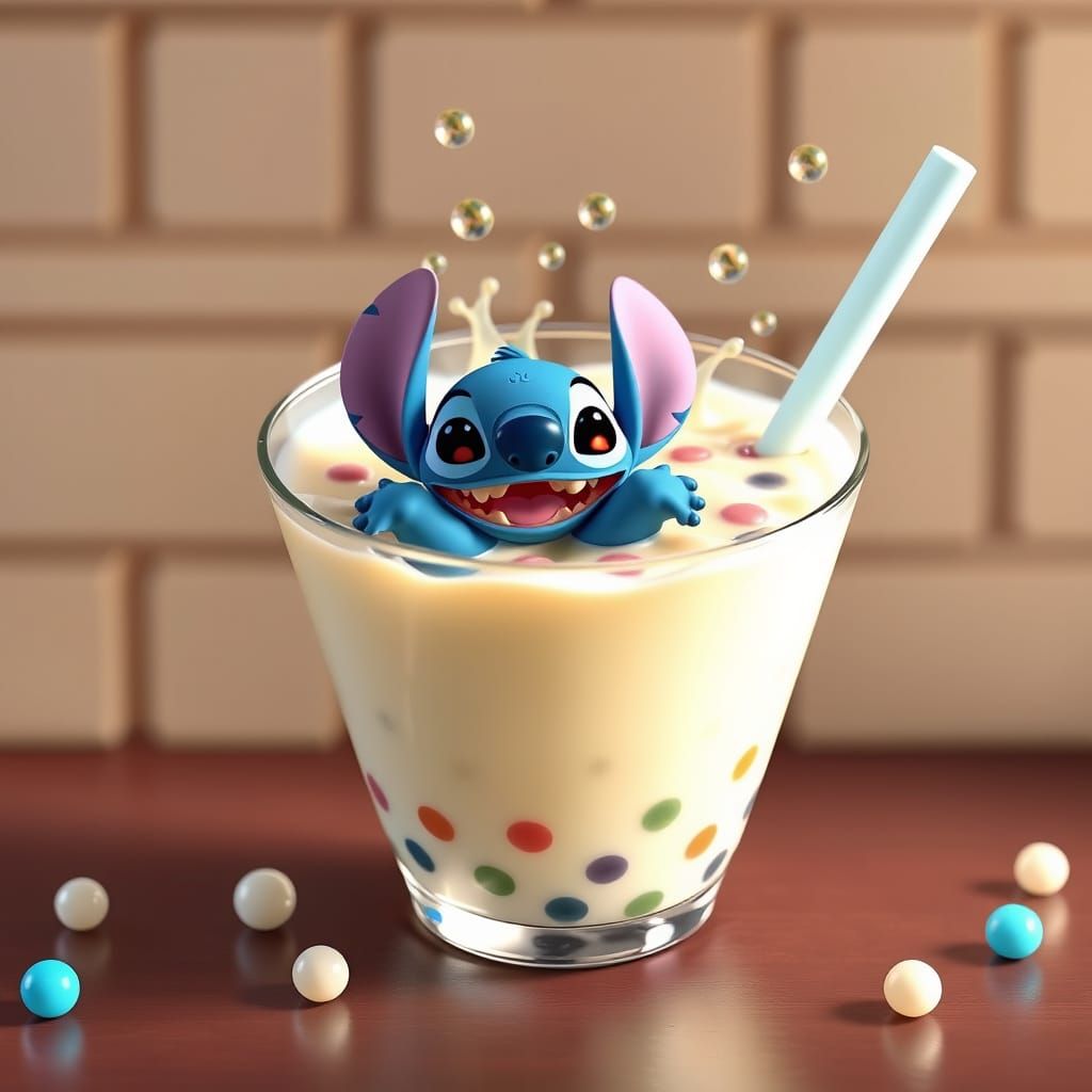 Stitch Splashing in Giant Boba Tea Cup 3D Animation Style