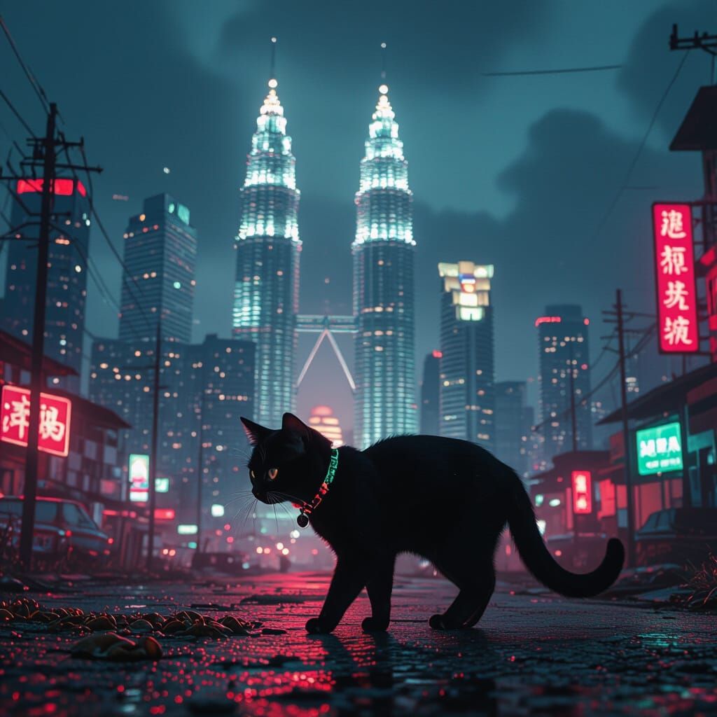 Black Cat in Neon Cityscape: Hyper-Realistic Cinematography