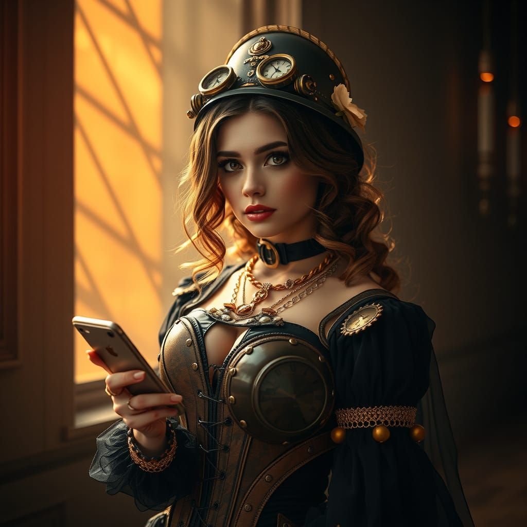 Steampunk lady with phone