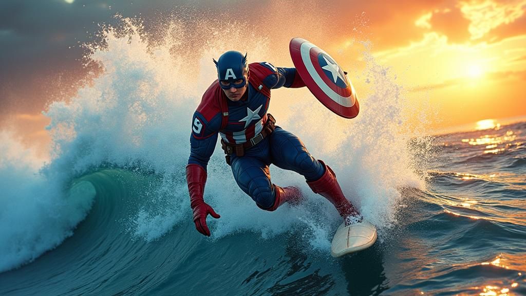 Captain America Surfing a Massive Wave