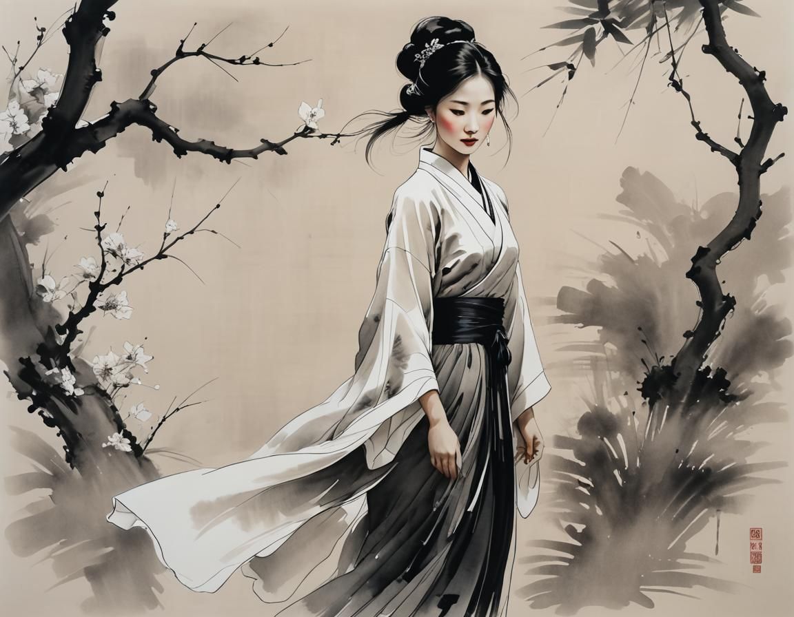 A widescreen elegant ink painting of a Chinese woman