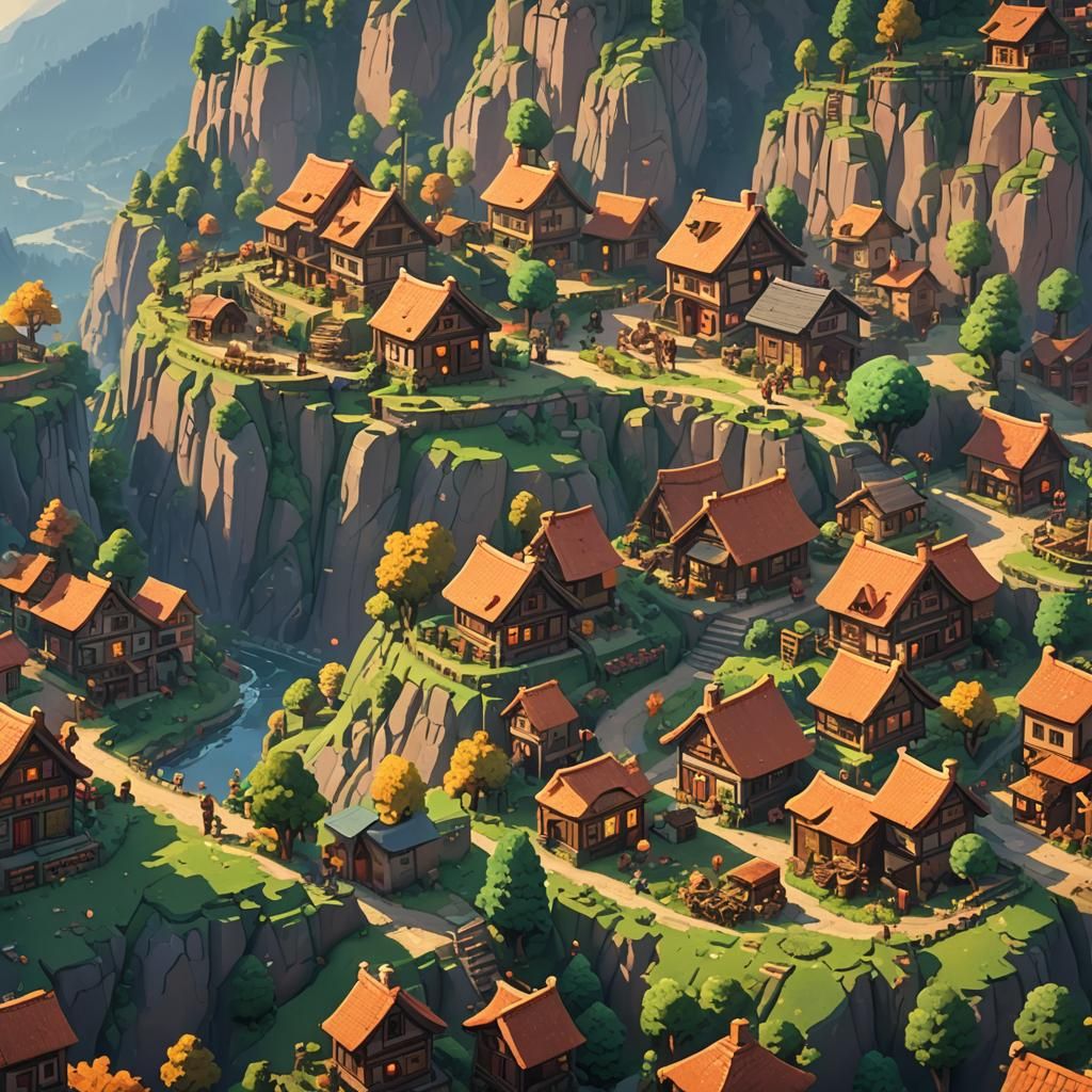 Serene Village Life in Pixel Art Style