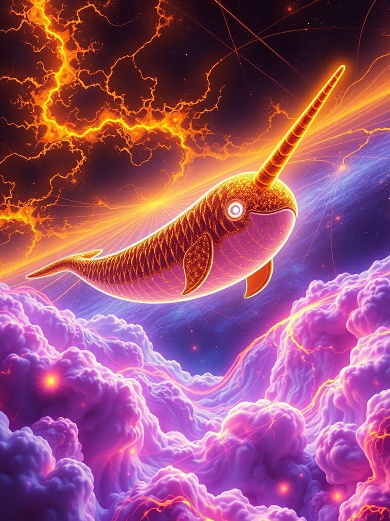 Radiant Narwhal Leaping Through Fractal Galaxy