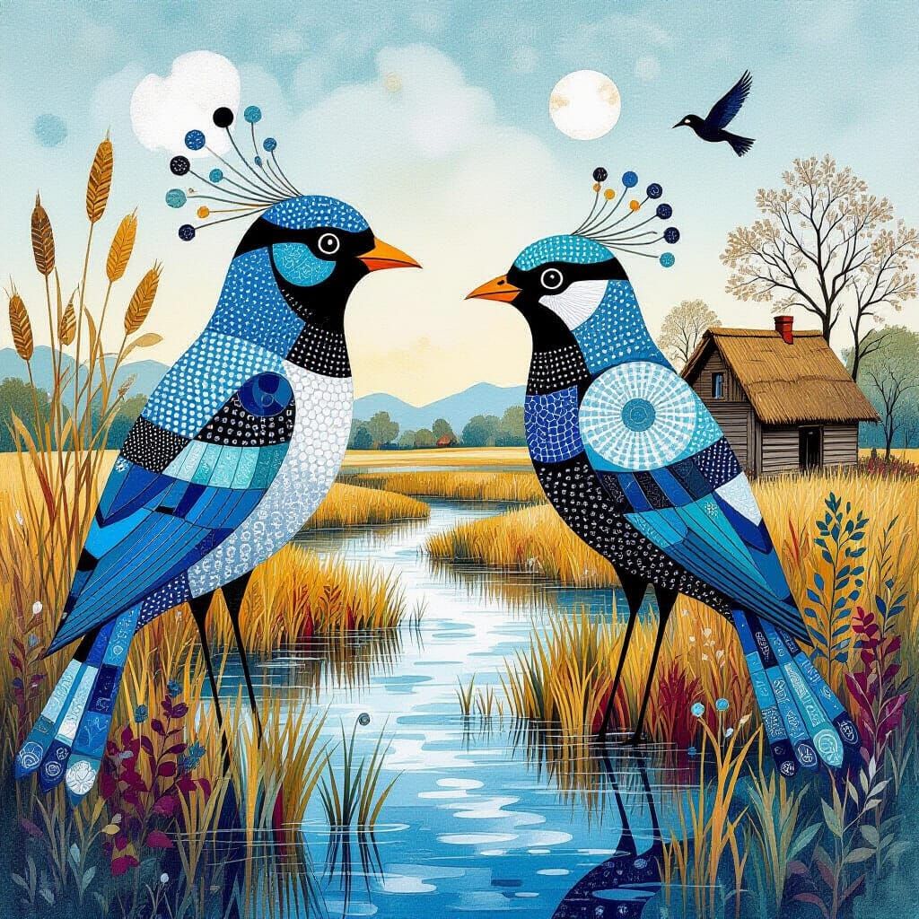 Abstract Bird Figures in Surreal Wetlands Landscape