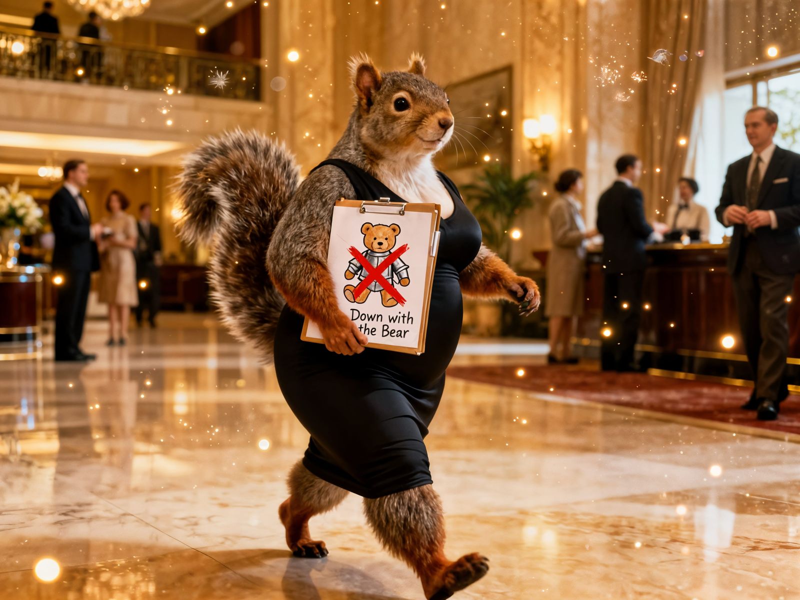 Squirrel Villain Plans Bear Knight's Demise in Hotel Lobby