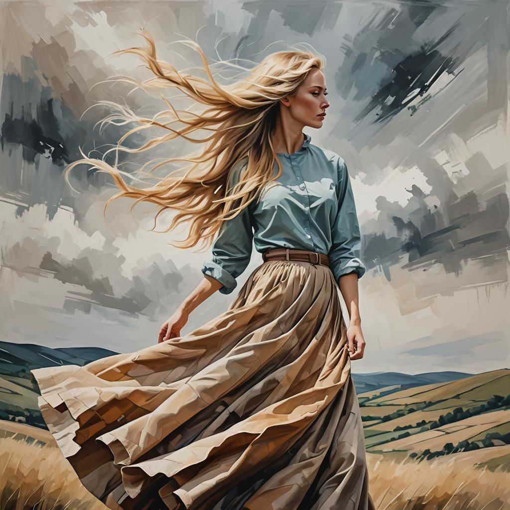 Young woman standing on a knoll, wind blowing her long blonde hair, and her long skirt, no background, no sky, abstract ...