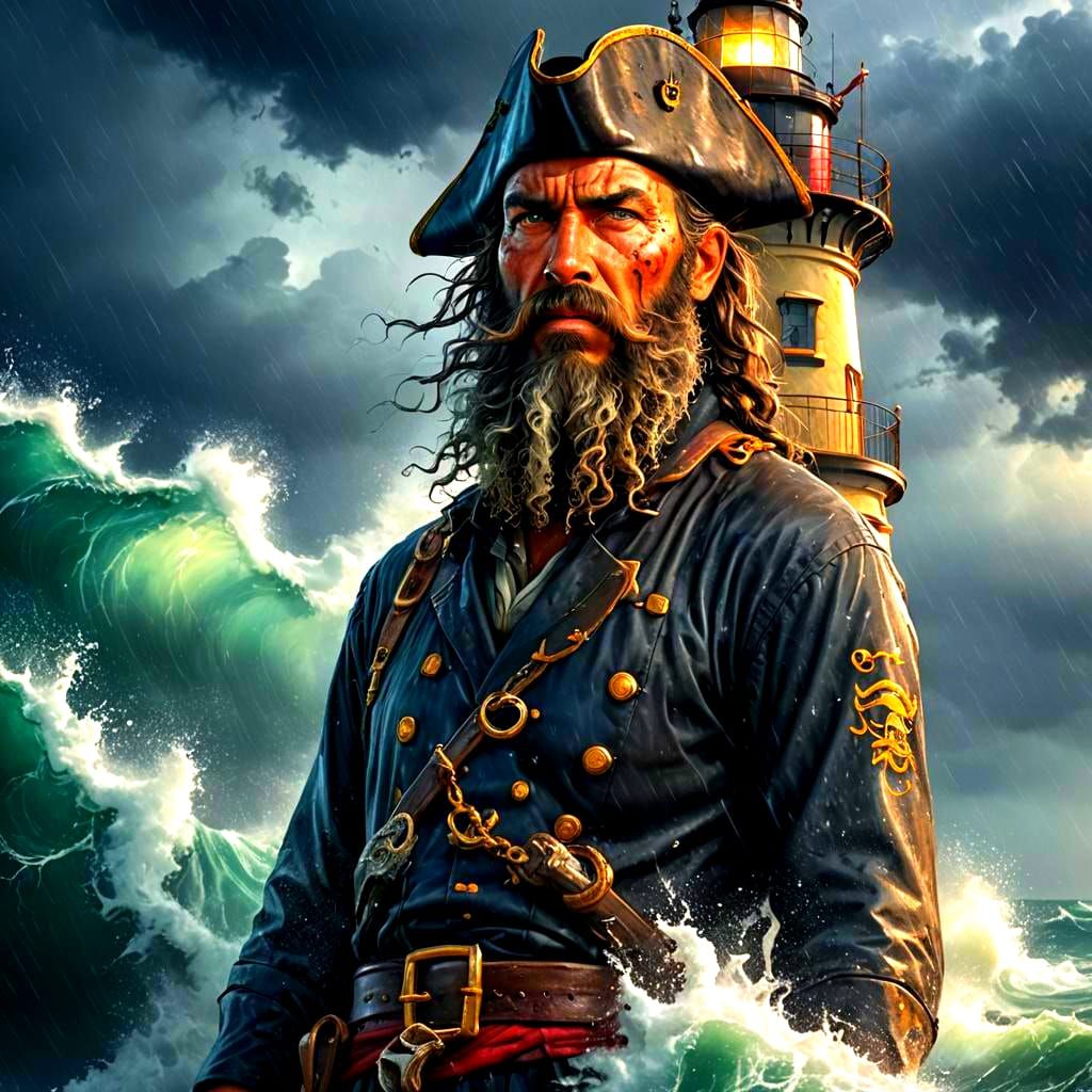 Hyperrealistic Lighthouse with Pirate in Storm