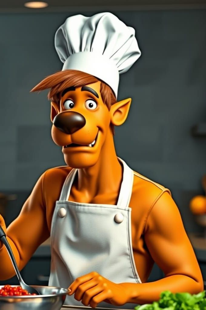 Scooby Doo's Shaggy as a Human Chef in a Modern Kitchen