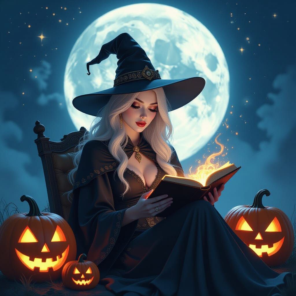 Mystical Witch with Spellbook Under Moonlight