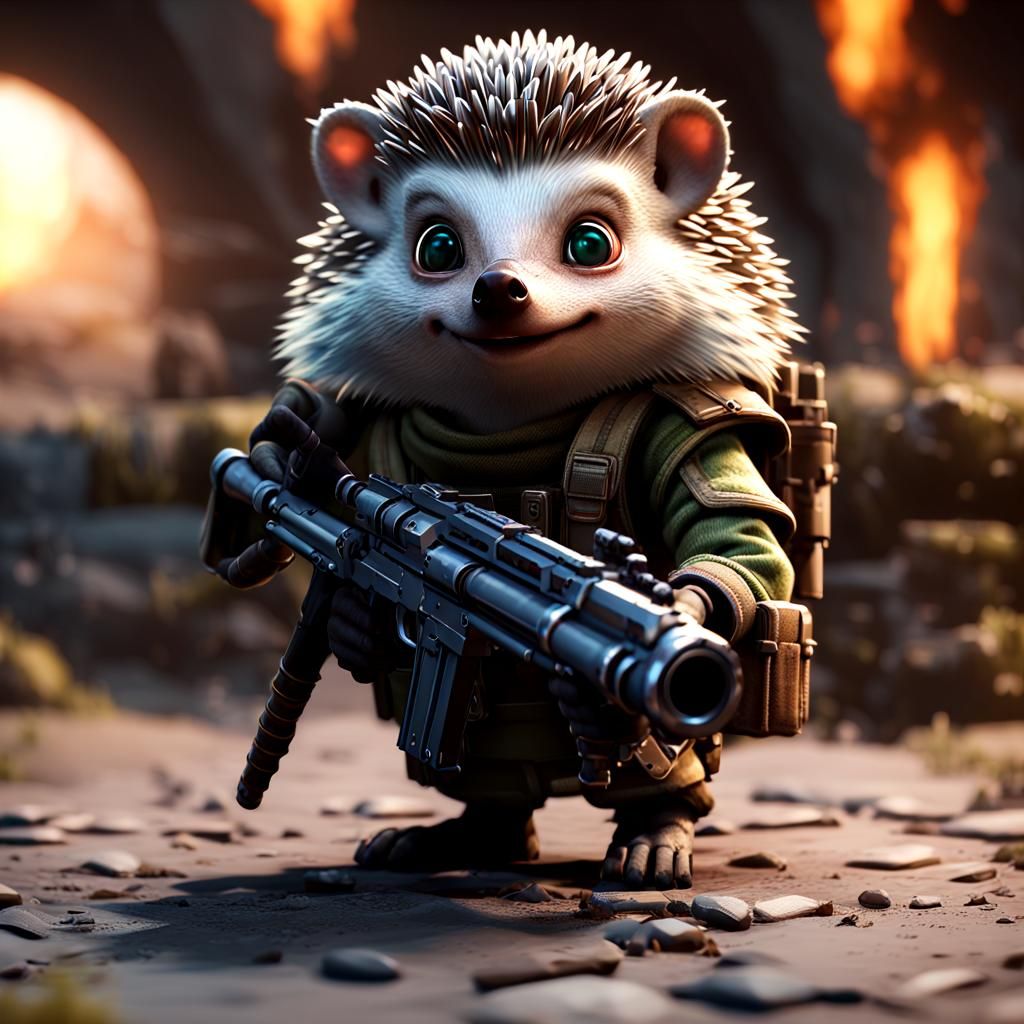 Hedgehog Soldier with Big Gun in 3D Rendering