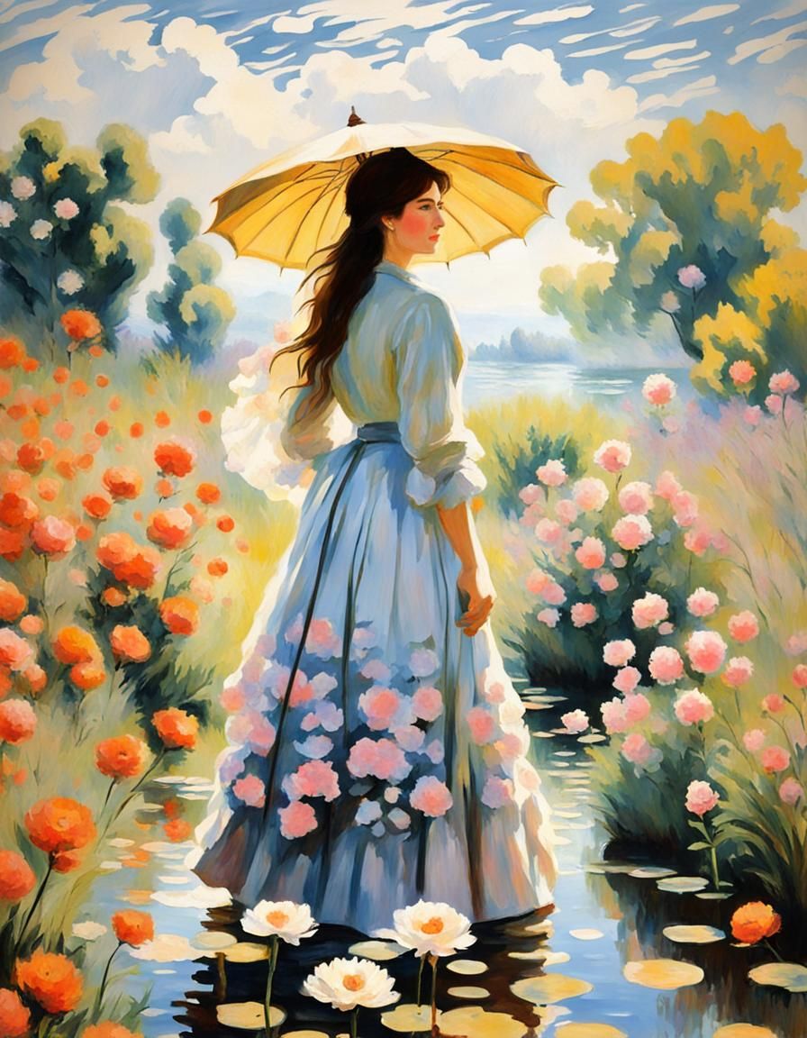 Woman in Garden in Impressionist Style
