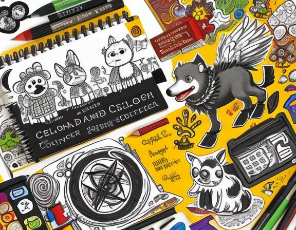 Surreal Doodles on Sketchpad Page with Feather