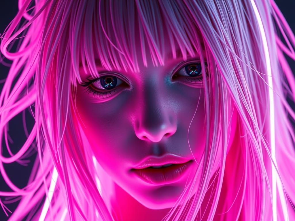 Neon-Haired Woman with Optical Illusion Effects