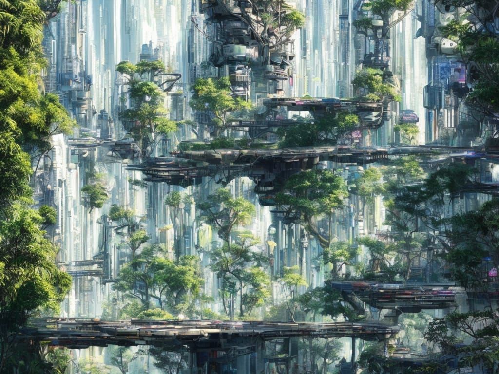 Cyberpunk City in Jungle with Sakura Trees